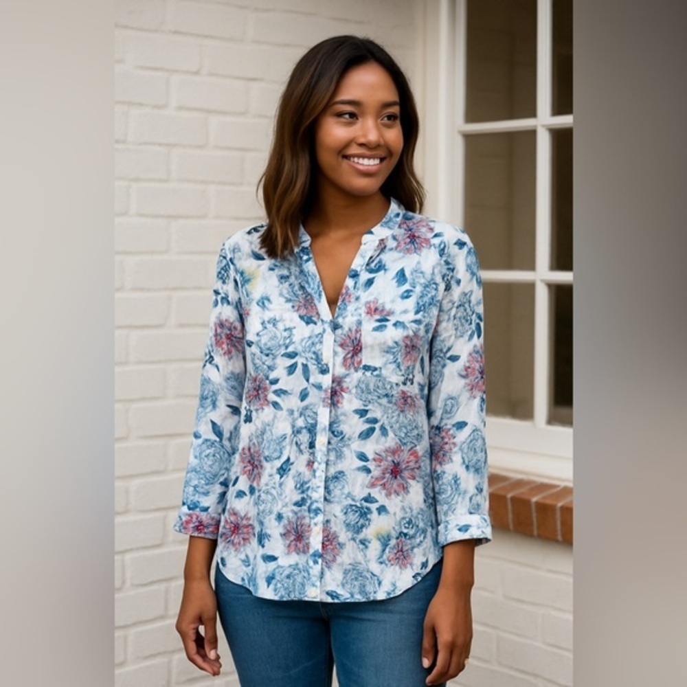 KUT from the Kloth Womens White Floral Jasmine Chiffon Button Blouse NWT S #1277